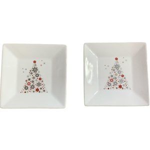 2 Food Network Holiday Tree Square Appetizer Plates Linzer Red & Silver Trees